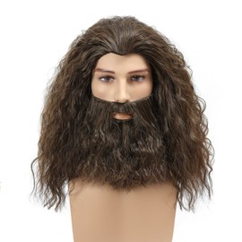 LAXSHZ Mens Long Brown Curly Hair Wig with Beard for Halloween Cosplay Party Costume Wig