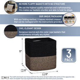 NaturalCozy Storage Cubes 11 Inch Cotton Rope Woven Baskets for Organizing, 3-Pack | Cube Storage Bin | Square Storage Baskets for Shelves Organizer, Classroom, Kids Toy Bins, Closet, Baby Nursery