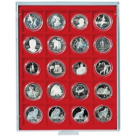 Coin box Standard with 20 compartments á 51 x 51 mm [Lindner 2121], With grey drawer, crystal clear frame and insert in light red velour