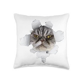 Frowny Cat Big Eyes Peeking Out of Torn Fabric Cloth Paper Throw Pillow
