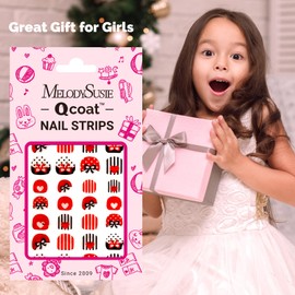 MelodySusie Qcoat Fully Cured Gel Nail Strips for Kids (Chic Red & Black Stripes) - UV Free Nail Polish Strips, Long Lasting Gel Nail Stickers, Includes 40 Nail Wraps, 2 Prep Pads, and Nail File