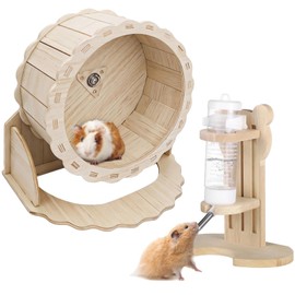 2 PCS Wooden Silent Hamster Wheel and Hamster Water Bottle Set, 8.6" Guinea Pig Wheel with Adjustable Water Dispenser Stand for Gerbil, Syrian & Dwarf, Chinchilla and More Small Animal