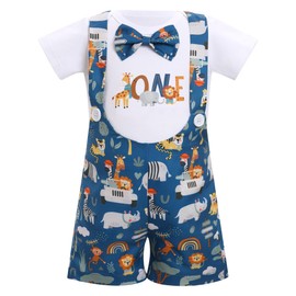 FYMNSI Baby Boys 1st Birthday Outfit Short Sleeve Romper Animal Printed Braces Shorts 2-Piece Set, blue, 12 - 18 months
