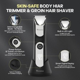 TEENOVA Manscape Body Hair Trimmer for Men, No Nick Pubic Bikini Trimmer for Women, 3 in 1 Versatile Groin Shaver with Nose Hair Trimmer, Cordless Dock Charging, LED Display, Wet/Dry Grommer (Silver)