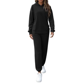 REORIA Women Cotton Tracksuit Set Long Sleeve Two Piece Outfit Solid Color Lounge Wear Sets Hoodies and Jogger Co Ord Sets Black XXL
