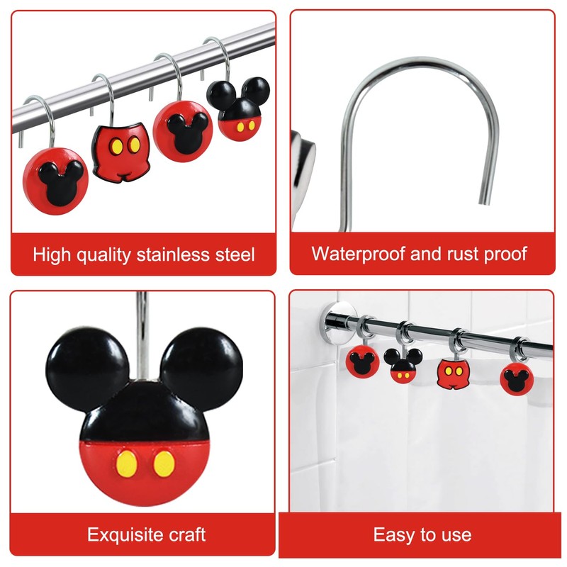 CTOHN 12 Pieces Mouse Shower Curtain Hooks Rings, Mouse Theme