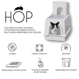 HOP Rabbit Litter Box, Less Mess with Built-in Hay Feeder Designed for Rabbits/Bunnies. Includes Removable Cover and Pan. BPA-Free and Dishwasher Safe. Cat, Guinea Pig and Chinchilla Friendly Too.