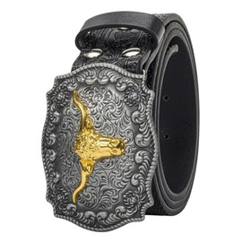 Mawjom Women Men Western-PU-Leather-Belts for Cowboy-Cowgirl Longhorn-Bull-Pattern-Engraved-Buckle-Belt for Unisex