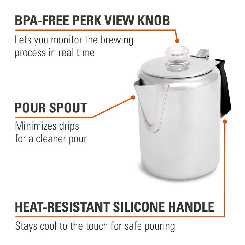 GSI Outdoors Percolator Coffee Pot I Glacier Stainless Steel with