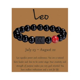 QSMGD Zodiac Bracelets for Women and Men,Friendship Bracelet,8mm 10mm Natural Black Onyx Stone Star Sign Constellation Horoscope Bracelet Gifts (Leo, 8mm beads-(fit wrist: 6.3"-6.9"))
