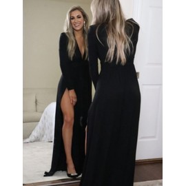 SILUI Women's Summer 2025 Sexy Double High Slit Deep V Neck Plus Size Sundresses Thigh Split Maxi Club Party Dresses Black