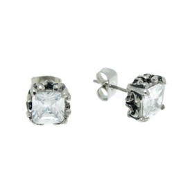 SWEETIE 8 Jewelry WHITE Vintage Style Square Claw Setting 8.5mm Mens Unisex Stainless Steel CZ Cubic Zirconium Stud Earrings , 2pc