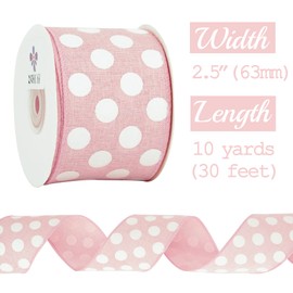 MEEDEE Pink Polka Dot Ribbon - 2.5 inch Wired Ribbon for Baby Girl Wreaths & Crafts, 10 Yards