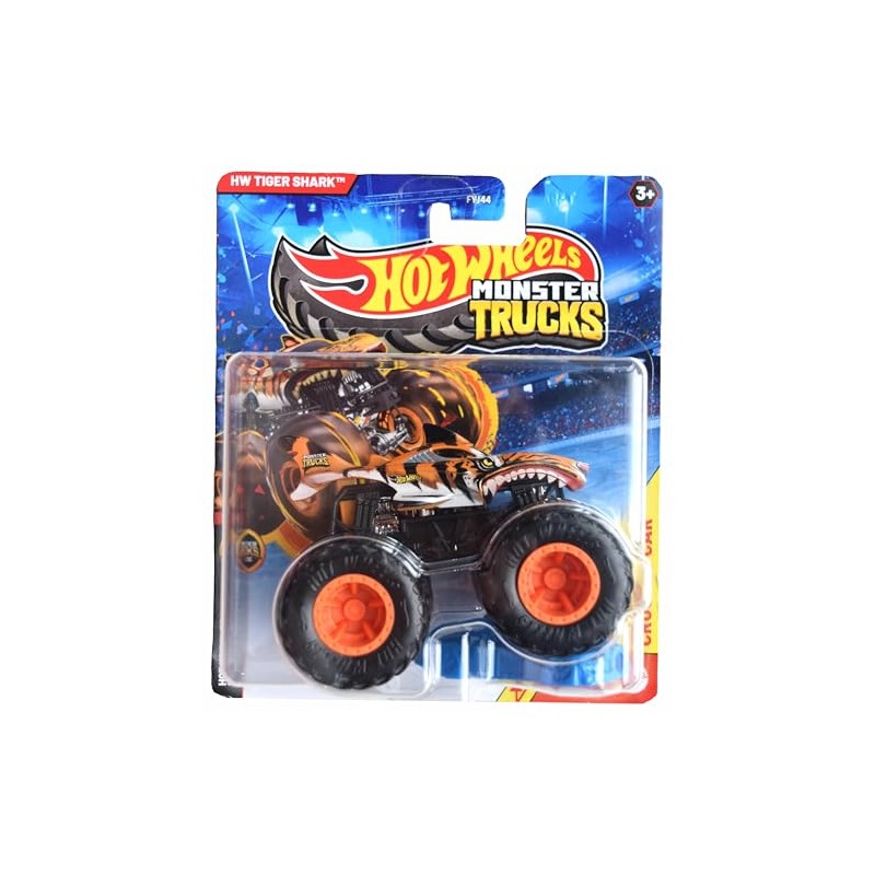 Hot Wheels Monster Trucks Tiger Shark, Includes Crushed Car 1:64