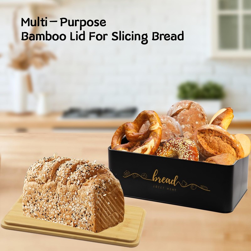 Holismo Bread Box with Bamboo Cutting Board Lid, Metal Bread