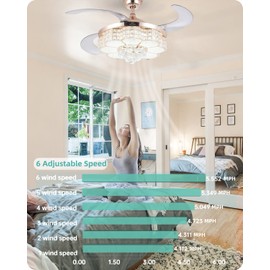 BAYSQUIRREL Retractable Crystal Ceiling Fan with Light, Remote and APP Control, 6 Speeds Reversible Blades, 3-Color LED Dimmable Chandelier Ceiling Fan with Color Temperature Memory 36W 42in