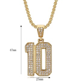 YOHAX Hip hop Jewelry Hip hop Necklace Stainless Steel Vacuum Gold Plated Diamond Set Number 10 Pendant Necklace Hip hop Men's and Women's Chain (golden)