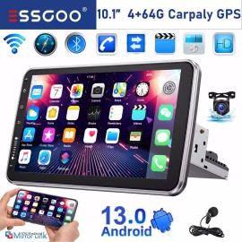 ESSGOO 4G+64G 10'' Single 1 DIN Carplay Android 13 Car Stereo Radio Rotatable GPS +CAM