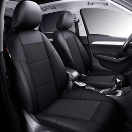 P&J AUTO Leather and Mesh Car Seat Cover Front Pair Universal Fit for Cars Trucks Vans & SUVs Airbag Compatible (Black)