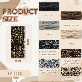 BORISCA 8pcs Wide Hair Bands for Women Soft Bohemian Headbands Elastic Boho Headband for Women Girls for Yoga Sports Daily Hair Accessories Knotted Ladies Wide Headband(Leopard Print Solid Color)