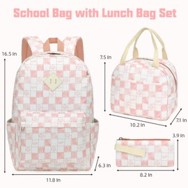 Lrenagao School Backpack for Girls, 3PCS Bookbags Set with Lunch Box Pencil Pouch Elementary Middle School Bag Laptop Back Packs (Cat Checkered Pink)