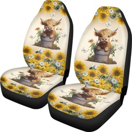 FUIBENG Highland Cow Car Seat Cover Front Seats,Universal 2 Piece Butterfly Sunflower Car Front Seat Decor Cover Automotive Interior Protection Elastic Cars Bucket Seat Cushion Cow Car Accessories