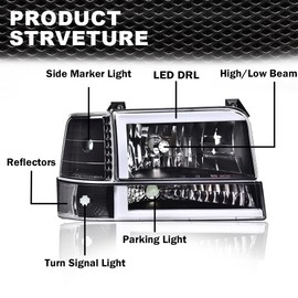 CNNELL LED Headlights Compatible with 1992-1996 Ford F150/Bronco, 1992-1997 F250/F350/FSuper Duty w/Corner Signal Bumper Lamps(Clear lens Black Housing Clear Reflector)