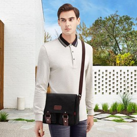 FOLOVEYA Retro Canvas Men's Messenger Bag Shoulder Bag fit 12.9 Inch Tablet Satchel Crossbody Bag Business Multiple Pocket Briefcase for Office Work College Travel Daily Use Black