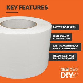 CrawlSpace-DIY Vapor Barrier Tape 4” x 180’ – Heavy Duty White Polyethylene Seam Tape for Crawl Space & Basement Encapsulation, Moisture Barrier Seal for Plastic Sheeting & Underlayment