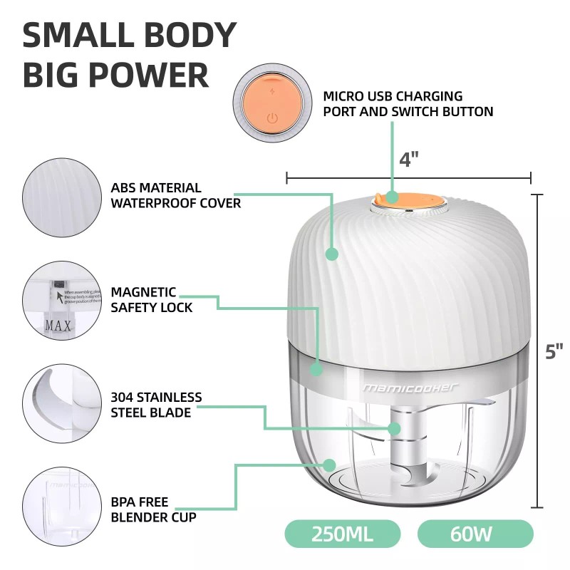 MAMICOOKER Electric Garlic Chopper, Mini Portable Veggie Chopper, 250ML Garlic
