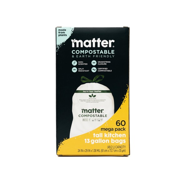 Matter Compostable Tall Kitchen Bag 13 Gallon with Drawstring, Non-Scented,