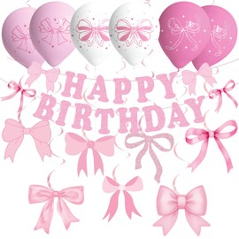 Pink Bow Birthday Party Decorations, Bow Theme Happy Birthday Banner, Bow Birthday Decorations, Bow Tablecloth, Balloons, Girls Birthday Party Decorations, Bow Birthday Party Decorations for Women