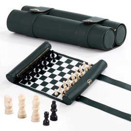 Roll Up Chess Set - 11" Foldable Leather Chess Mat with Wooden Chess Pieces - Portable Travel Chess Set with Straps - Perfect Chess Game for Airplane, Camping, and More (Green/White)