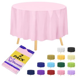 Hereisa Premium Blush Pink Plastic Table Cloth Disposable (2 Pack) Round Tablecloth (84in) Party Table Cloths Disposable, Perfect Table Cloth Round Cover for Any Table Up to 6 Feet