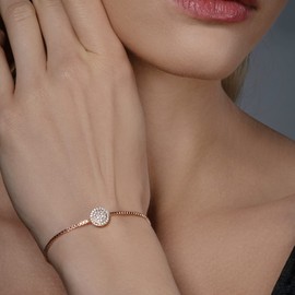 Namana Celestial Disc Bracelet with Cubic Zirconia. 18ct Rose Gold or Silver Colour Diamante Disc Bracelet. Cube Chain Bracelet with Adjustable Bead Fastening. (Rose Gold, 18ct Gold Plated Base Metal)