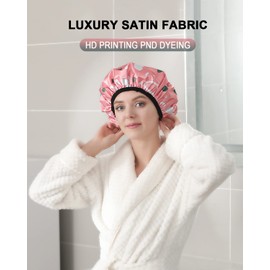 YIZIJIZI Triple Layer Reusable Waterproof Shower Cap for Women Large Terry Lined Hair Cap for Long Thick Hair Travel Bath Care Pink Flowers