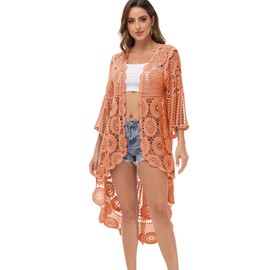 ANNA-KACI Women's Boho Lace Cardigan Floral Crochet Beach Cover Ups Long Kimono, Orange
