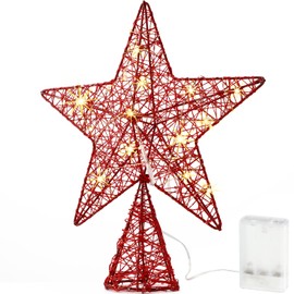 10 Inch Christmas Star Tree Topper Lighted Pentagram Tree Topper Xmas Tree Topper with Warm LED Lights for Christmas Tree Decorations (Red)