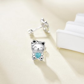 925 Sterling Silver Cat Girl Earrings Cute Animal Stud Earrings Turquoise Jewellery for Women Girls, Sterling Silver, Cubic Zirconia