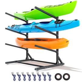 LNEUIE Kayak Storage Rack，Heavy Duty Freestanding Kayak Racks for Garage,Adjustable Kayak Stand Indoor & Outdoor Storage Rack for Kayak, Canoe, Surfboard (3 Levels for 3 Kayaks)