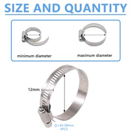 KALIM 304 Stainless Steel Adjustable 65-89MM Range Worm Gear Hose Clamps Assortment Kit, Fuel Line Clamp for Water Pipe, Plumbing, Automotive and Mechanical Application (4pcs 65-89mm)