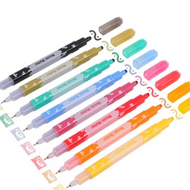 HANKU 8 Color Dual Tip Fineliner Pens and Highlighter Markers, 0.38mm Metal Clad Tip and Square Dot Markers,Extra Fine Point Tip Quick Dry Ink Pens for Journaling Writing Note Taking Planner