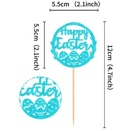 Ercadio 24 Pack Happy Easter Cupcake Toppers Blue Glitter Happy Easter Bunny Eggs Cupcake Picks Easter Rabbit Cupcake Toppers for Easter Day Theme Baby Shower Birthday Party Decor Supplies