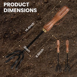ROYTOA Hand Cultivator Rake, Ergonomic Small Garden Rake with Walnut Handle & 4 Durable Tines, Garden Tools for Weeding, Digging and Cultivating
