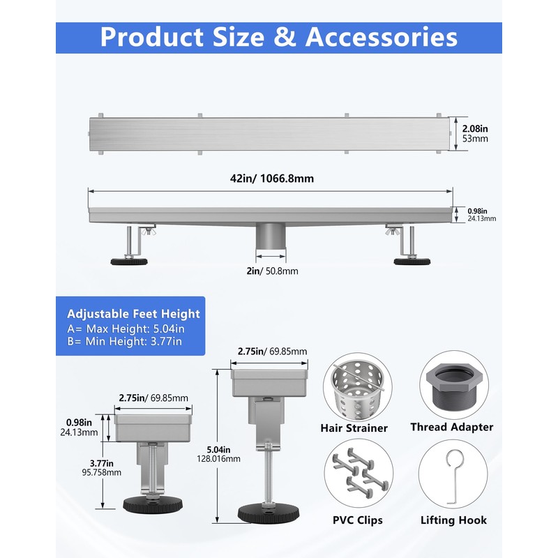 YEFU Shower Drain Nickel for Bathroom: 42 Inch Stainless Steel