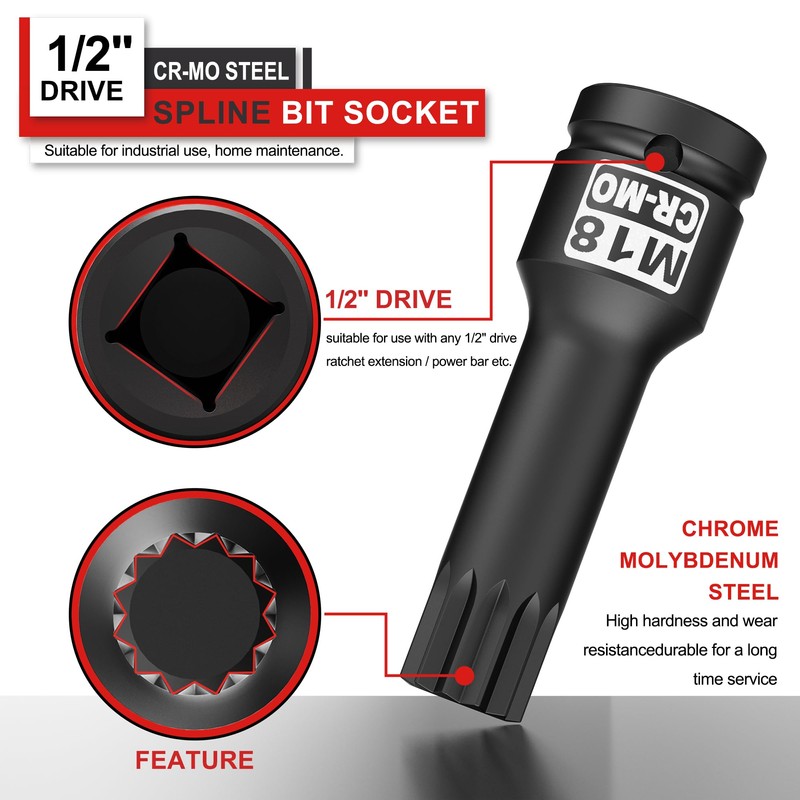 KIRXST Impact Triple Square Spline Bit Socket, 1/2" Drive M18