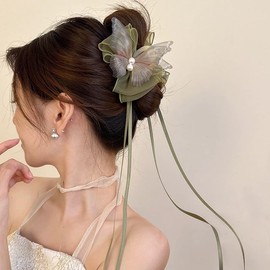 PLwelth Butterfly Hair Claw Clips for Women Girls Bow Hair Clips with Long Ribbon Butterfly Hair Claw for Thick Thin Hair Non Slip Elegant Hairpins Fashion Hair Accessories Gifts for Daily Party Decor