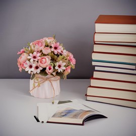 Hbluefat Fake Flowers in Vase, Small Artificial Silk Flowers with Ceramic Vase, Faux Flower Arrangement for Home Office, Coffee Dining Table Centerpiece Decor (Pink,Bead Rose)