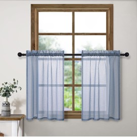 Dusty Blue Kitchen Curtains for Small Windows 24 Inch Length Set 2 Panels Rod Pocket Short Soft Lightweight Semi Sheer Linen Look Cafe Tier Tiny Mini Curtains for Door Window Bathroom Stone Blue Grey