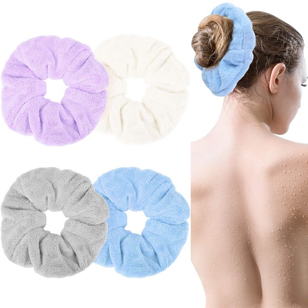 Pack of 4 Large Towel Microfibre Drying Soft Thick Fluffy Hair Bobbles Ponytail Holder for Hair Lightweight Pompoms Ropes Wet and Dry Hair Accessories (Chic Colours)